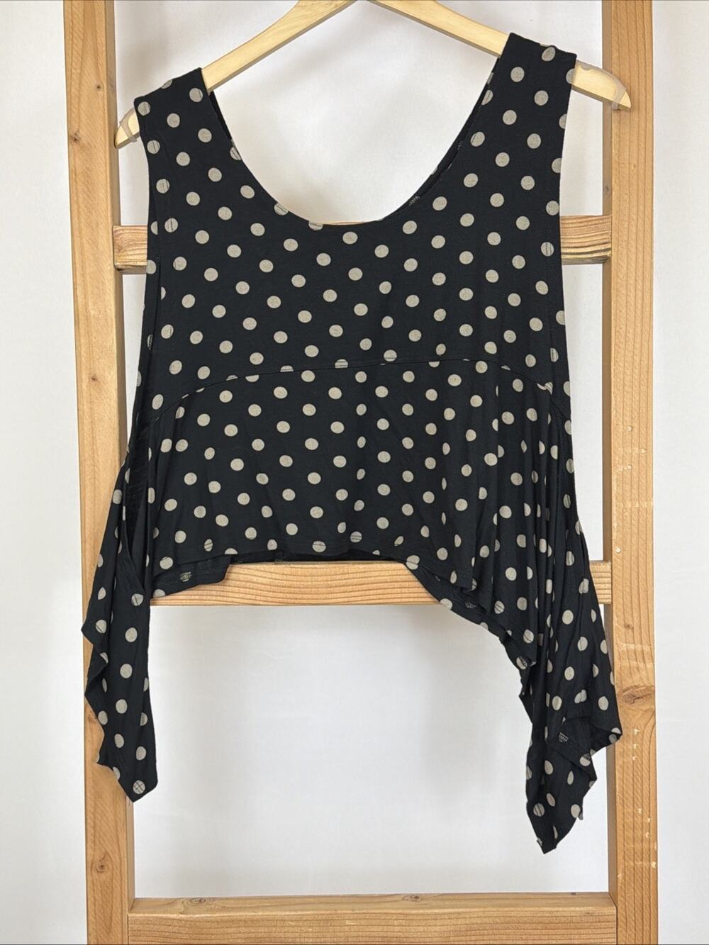 Comfy USA Black Taupe Polka Dot Asymmetric Pop Over Vest Top XL Made in USA